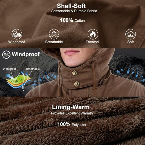 Mens Brown Thick Winter Jacket Hooded Fleece Lined Cotton Military Coat - Picture 3 of 6